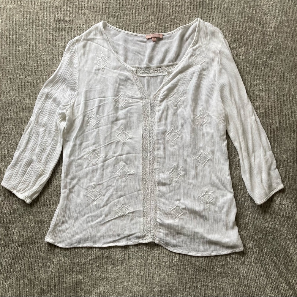 Saint‎ Tropez West Embroidered Boho Tunic Blouse White Medium